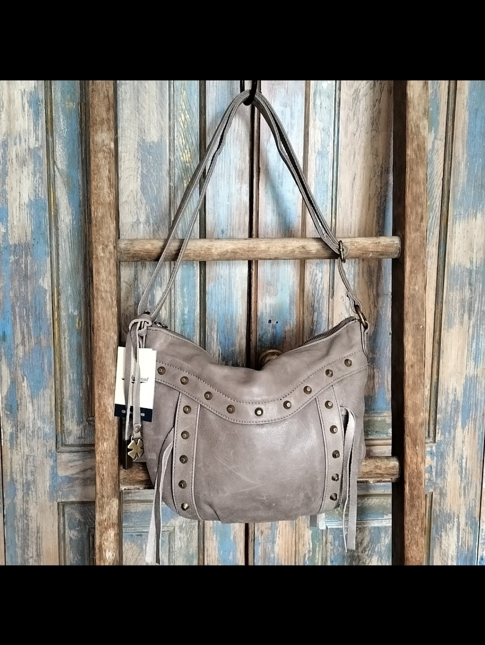 XLNT Lucky Brand Leather Smoke Gray Adjustable Crossbody Shoulder Bag Handbag